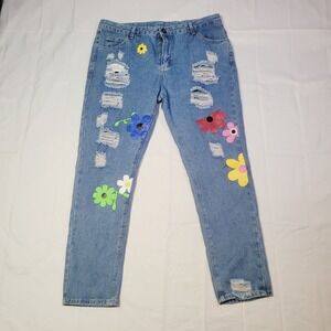 Women's Distressed Jeans 3XL Blue Flower Patch Ripped Denim Pants K785
